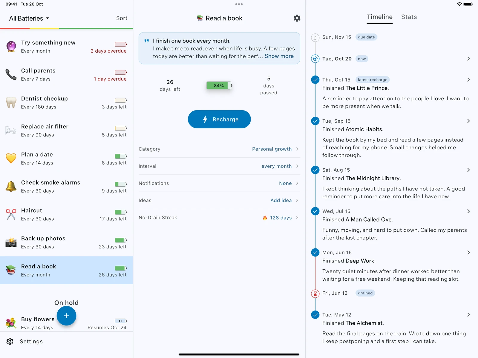 99 Reminders on iPad: active and paused batteries on the left, reading details with Ideas and Recharge in the middle, and a timeline of books and personal notes on the right